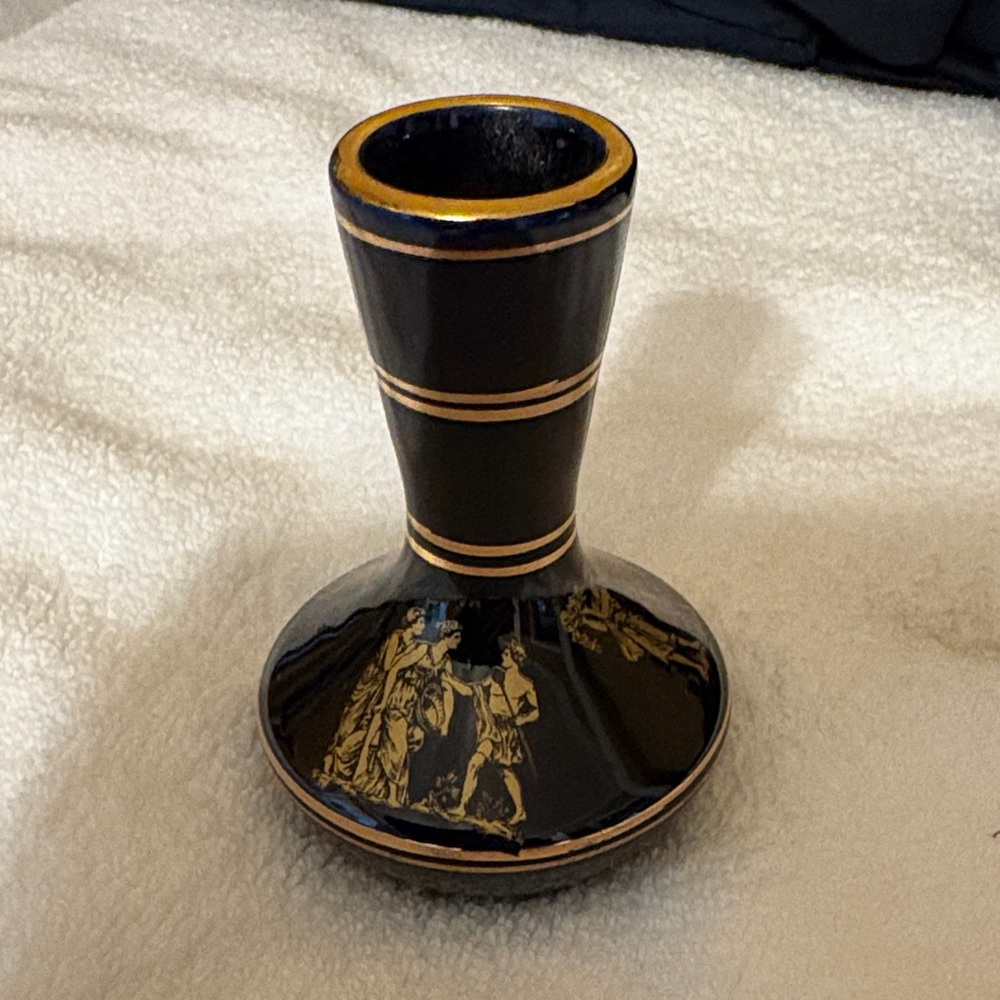 Manousakis Keramik Luxurious Black and 24k Gold Trim Vase.